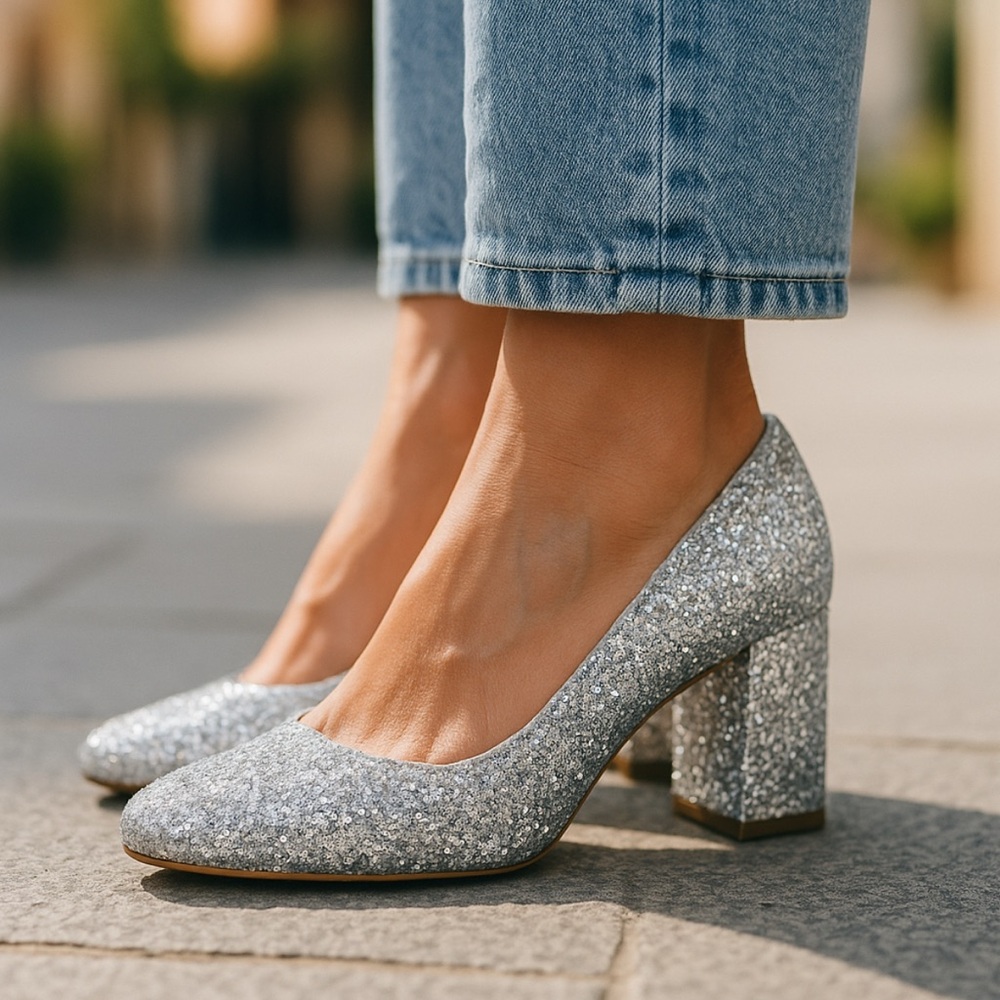 Mansur Gavriel Silver Glitter Square Toe Heel Size EU 35 - Picture 4 of 16